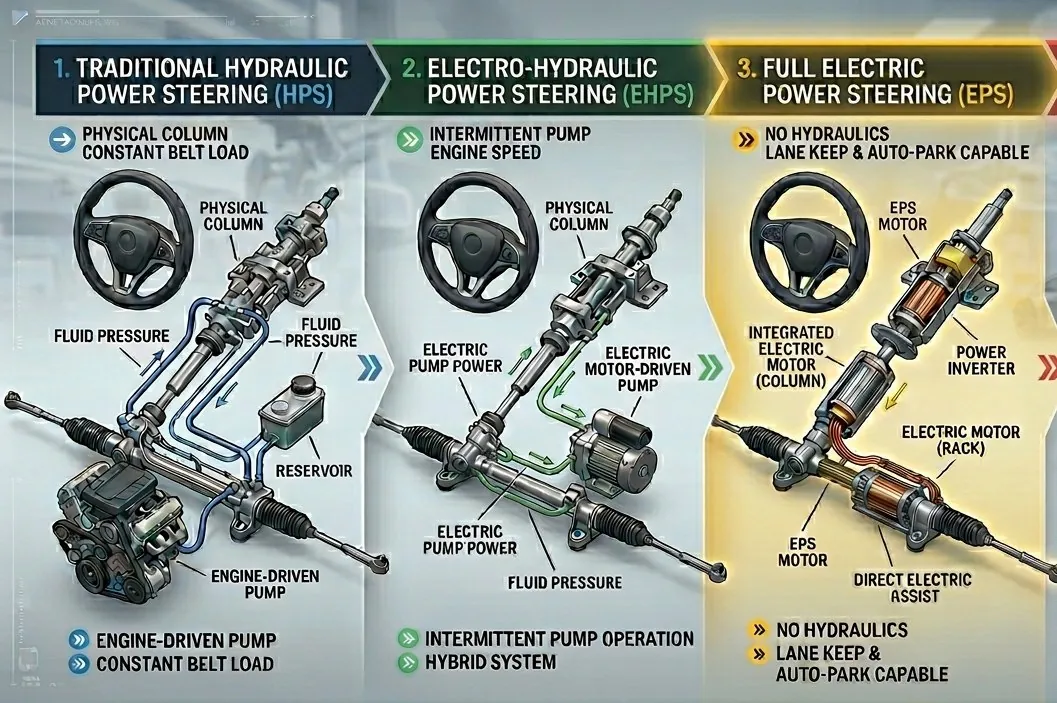 Hydraulic, electro-hydraulic and full electric power steering