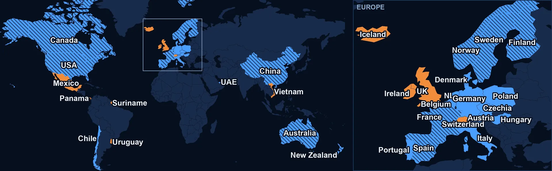 World map of after-sales coverage, with a Europe inset