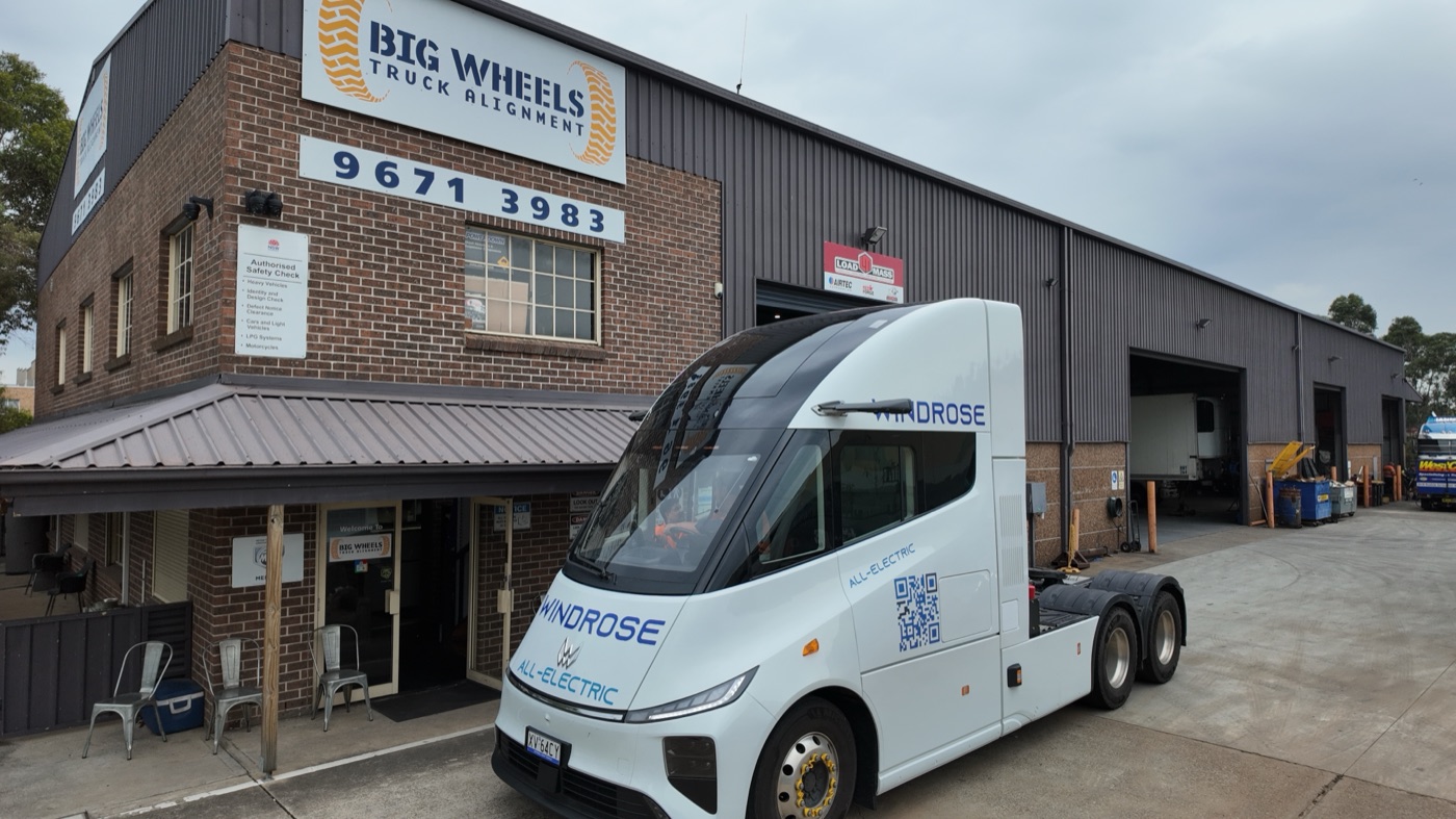Windrose electric truck at a Big Wheels Truck Alignment workshop in Australia