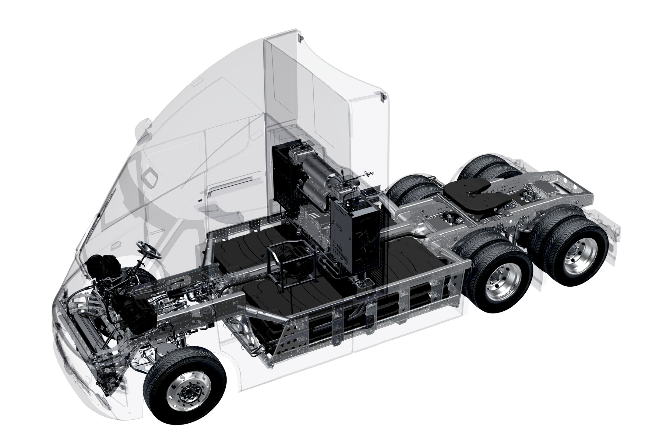 Windrose electric truck chassis X-ray view showing powertrain layout