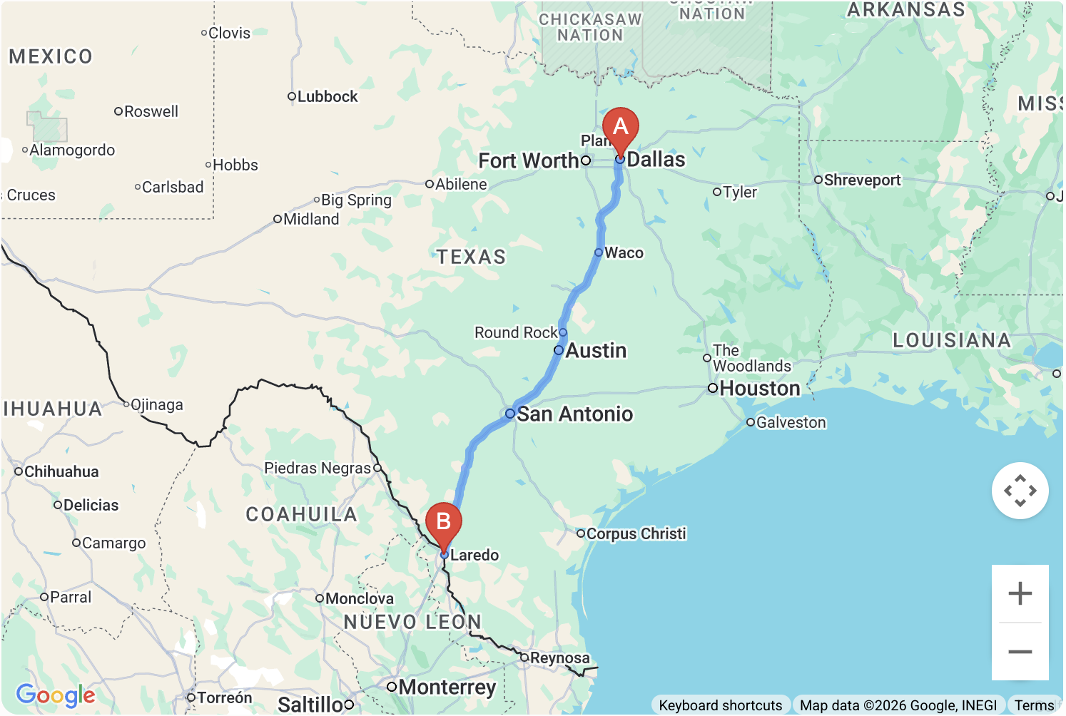 Map of the Dallas to Laredo route along the I-35 corridor