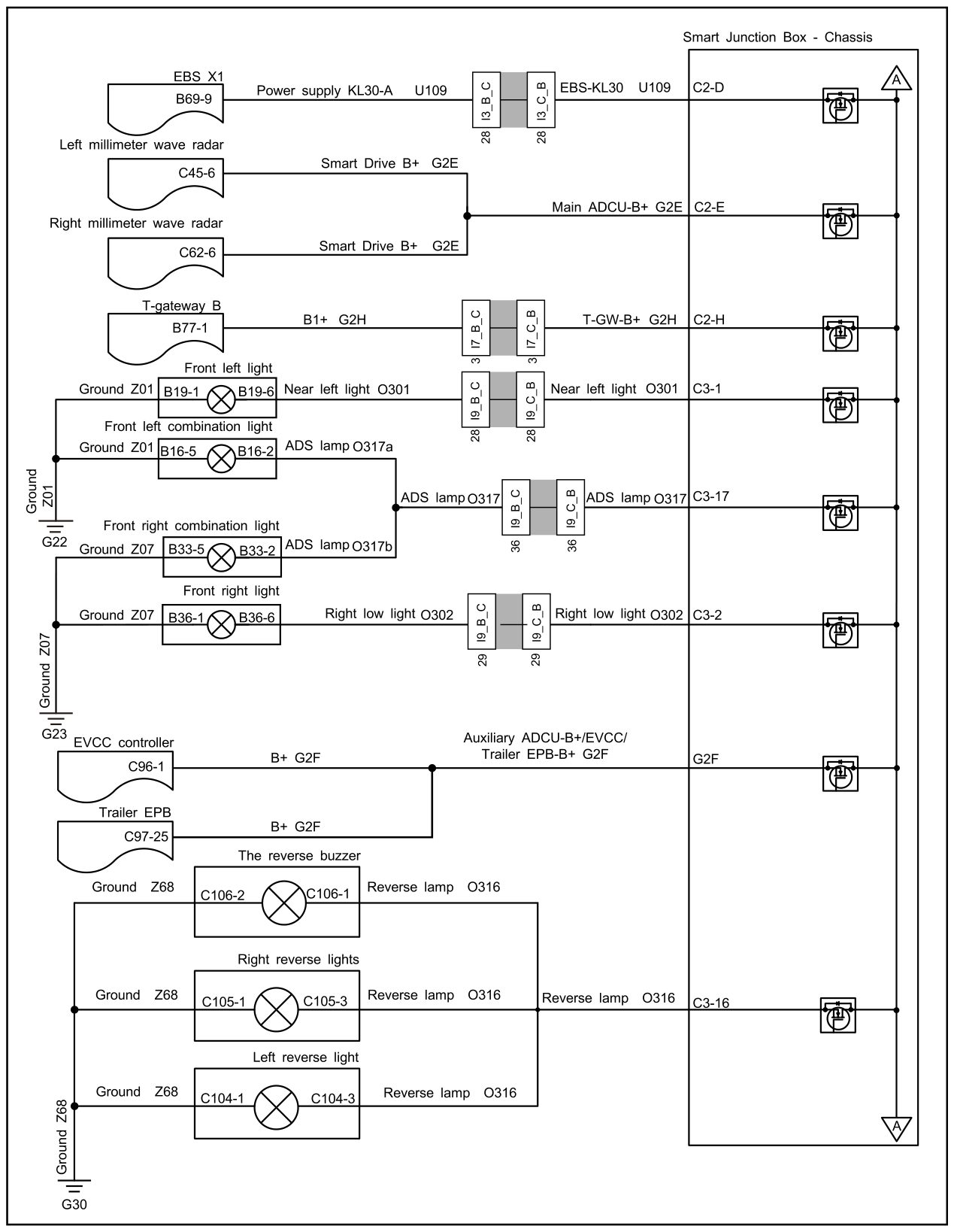 7.4.6.52 Usterka obwodu zasilania lampy cofania — schemat obwodu
